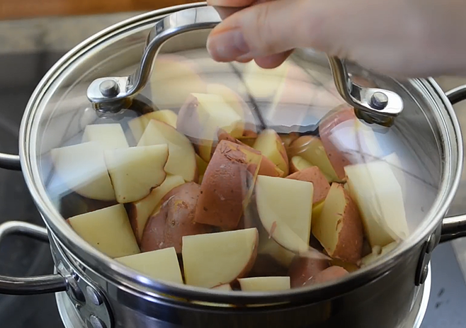 Steam the cut potatoes