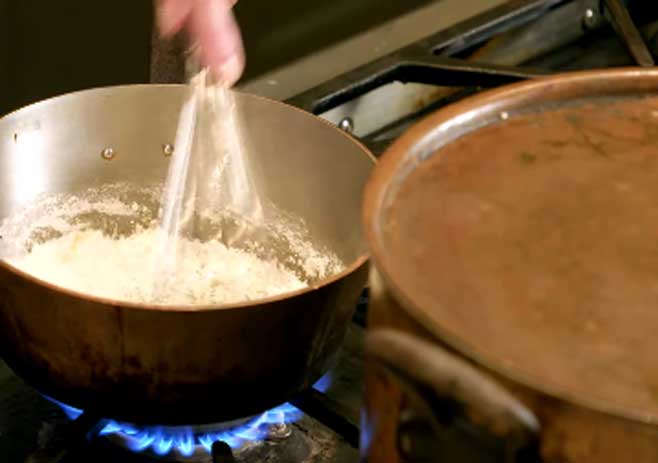 Melt the butter and Add flour to another pan