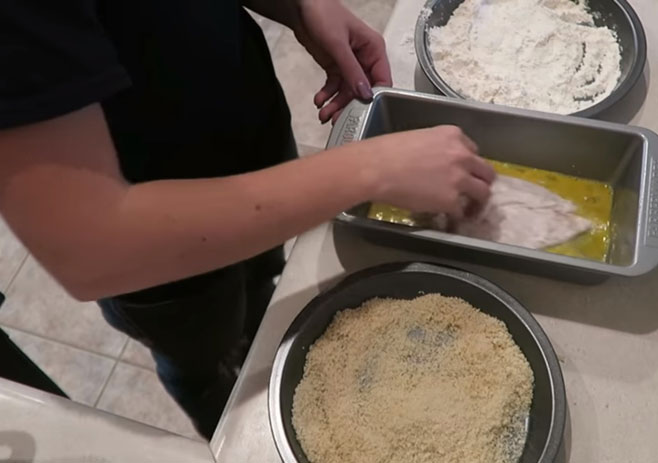 Coat your chicken with flour, egg, and bread gram
