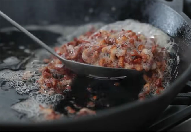 Fry deep the sliced bacon