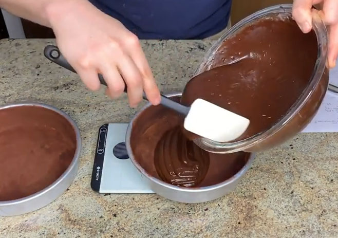 Pour the batter into the two pans