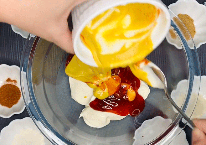 Mix mayonnaise,  banana ketchup, and mustard sauce