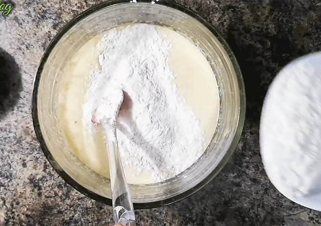Add the prepared all-purpose flour with the whisked egg mixture
