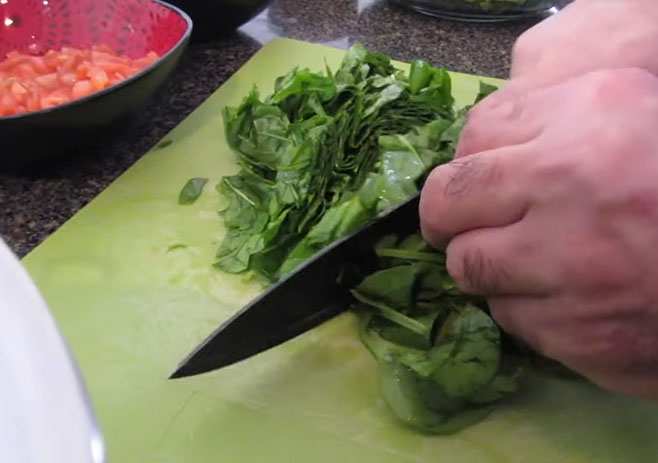 chop the Spinach, tomato, and onion